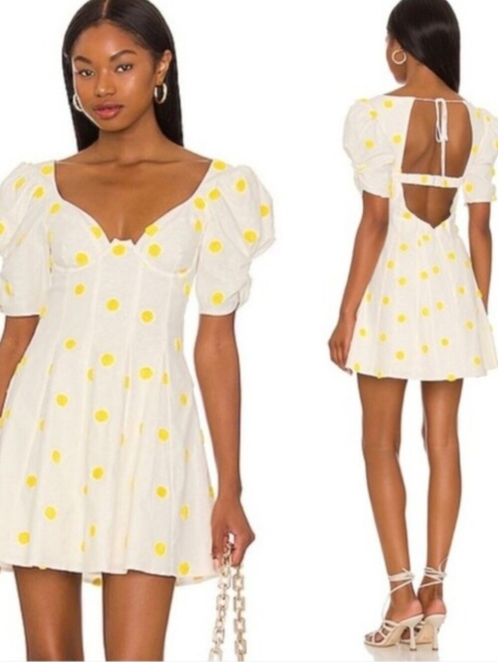 For Love & Lemons Claude Mini Dress White Yellow Polka Dot S Puff Sleeve Linen